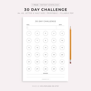 30 Day Challenge, Goal Setting, Progress Tracker, Habit Forming, A4/A5/Letter/Half, Printable & Fillable PDF, Horizontal, Digital Download