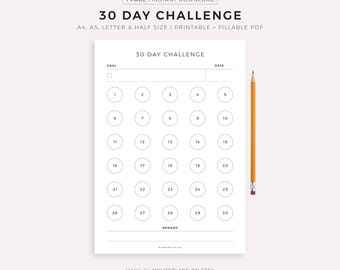 30 Day Challenge, Goal Setting, Progress Tracker, Habit Forming, A4/A5/Letter/Half, Printable & Fillable PDF, Horizontal, Digital Download