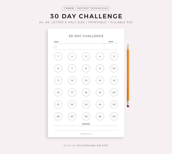 30 Day Challenge, Goal Setting, Progress Tracker, Habit Forming, A4/A5/Letter/Half, Printable & Fillable PDF, Horizontal, Digital Download