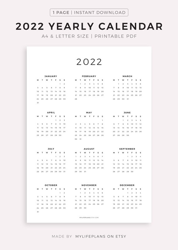 2022 year calendar printable yearly wall calendar desk etsy