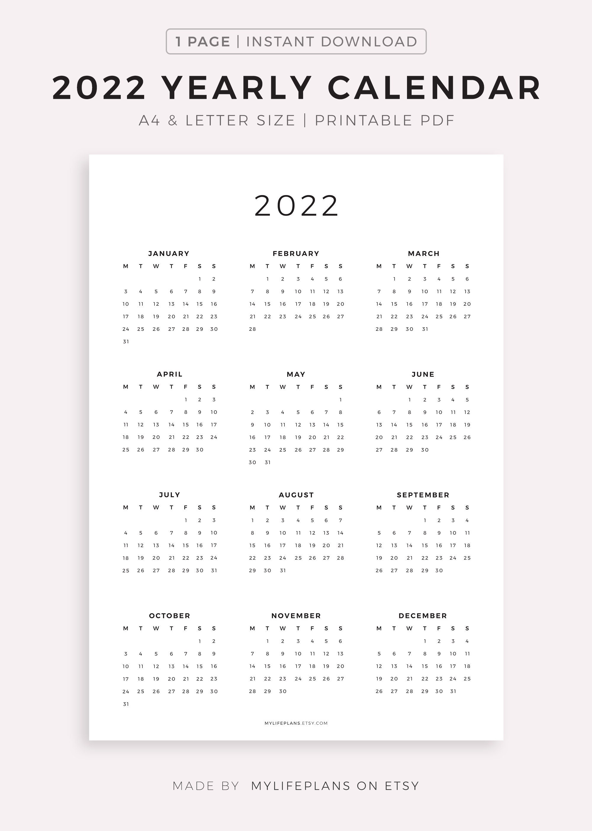 2022 Year Calendar Printable Yearly Wall Calendar Desk Etsy