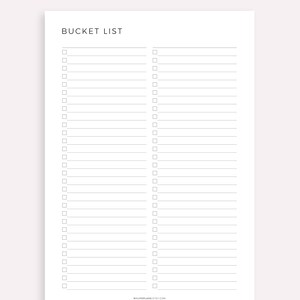 May include: A printable bucket list with two columns of blank lines and checkboxes. The text "BUCKET LIST" is at the top of the page. The text "VERSION 2" is at the top of the page. The text "MYLIFEPALNS.ETSY.COM" is at the bottom of the page. The text "MADE BY MYLIFEPALNS ON ETSY" is at the bottom of the page.