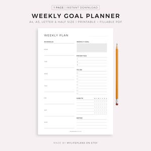 Weekly Goal Planner Printable, Weekly To Do List, Week At a Glance, Weekly Agenda, A4/A5/Letter/Half Letter