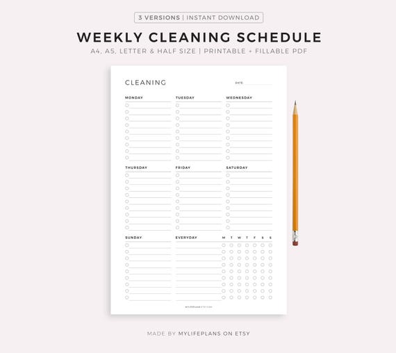 Weekly Cleaning Schedule, Cleaning Checklist, Cleaning To Do List, Printable Cleaning Template, A4/A5/Letter/Half Size, Instant Download PDF