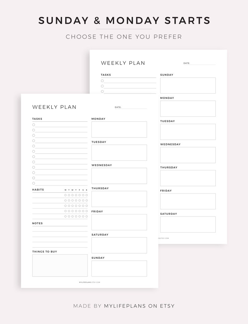 May include: Printable weekly planner with two options: Sunday or Monday start. The planner includes sections for tasks, habits, notes, and things to buy. The planner is designed in a minimalist style with black text on a white background.