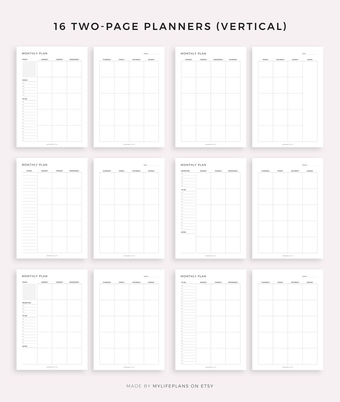 Monthly Planner Inserts Bundle Printable Monday &amp; Sunday - Etsy