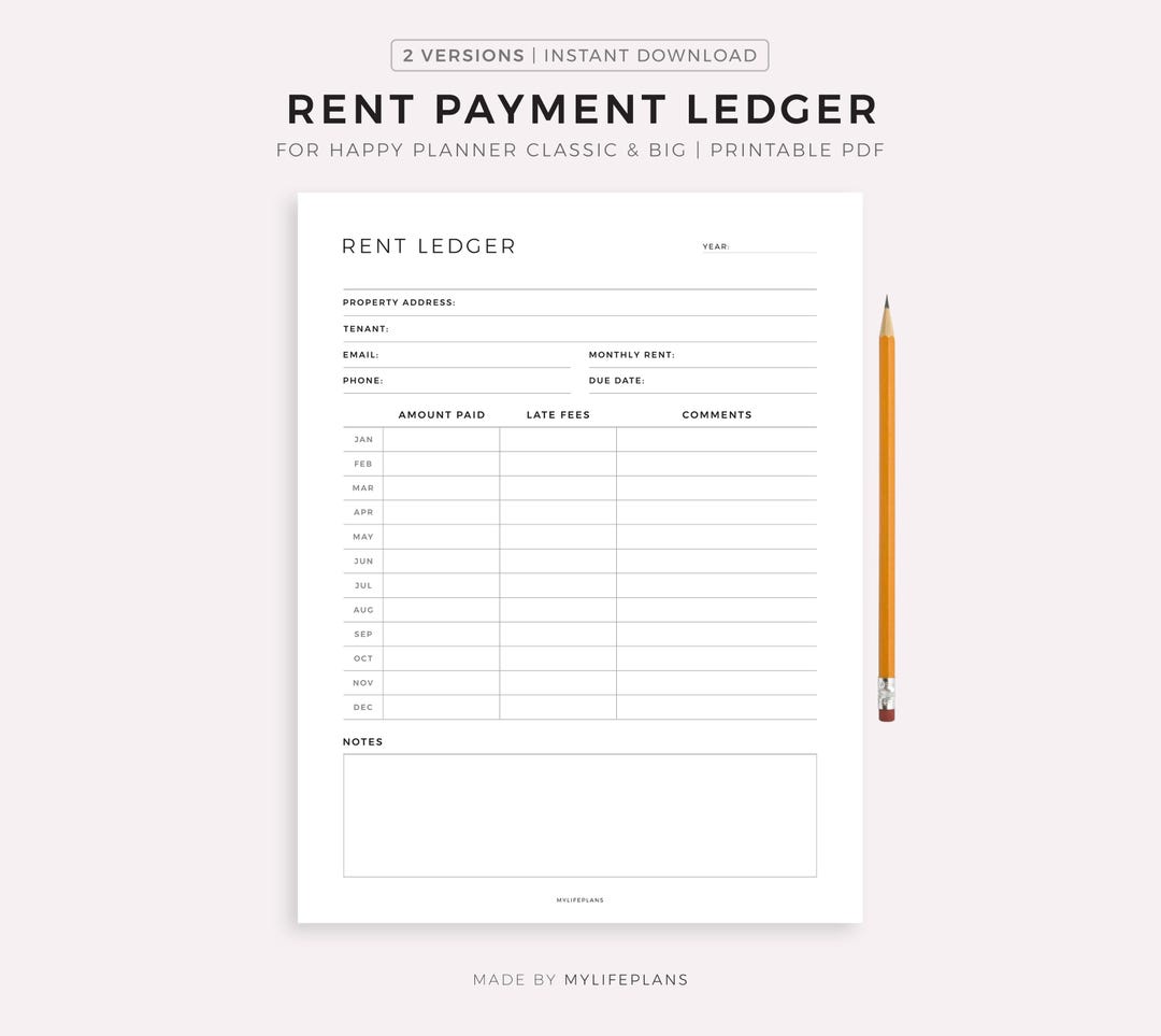 Rent Payment Ledger Printable Template for Happy Planner Classic & Big ...
