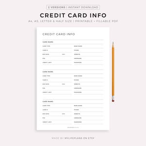 Credit Card Information Tracker Printable & Fillable, Credit Card Log, A4/A5/Letter/Half Size, Instant Download PDF