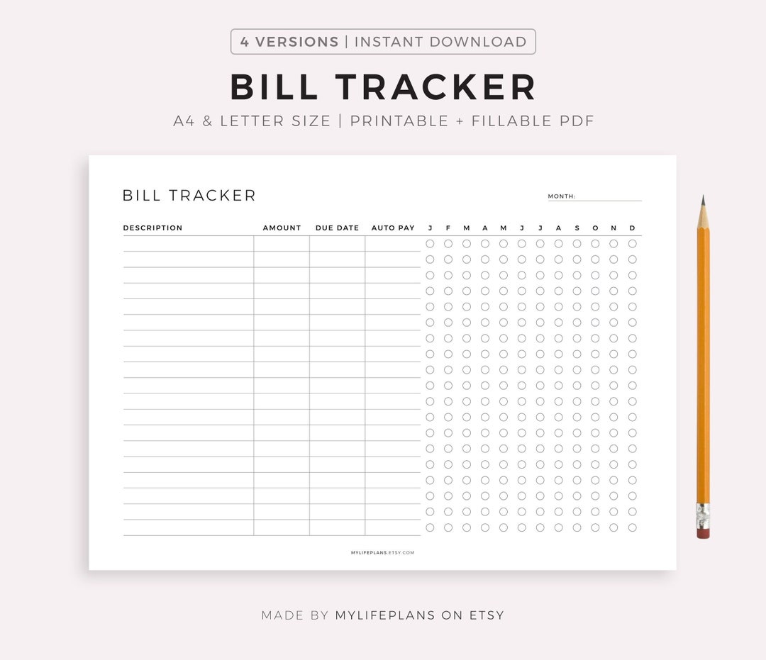 Printable Bill Tracker Template Landscape Bill Organizer Monthly