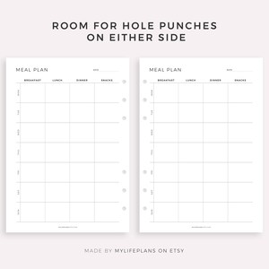 May include: Two blank meal planner pages with a grid layout for breakfast, lunch, dinner, and snacks. The pages are designed for a disc bound planner and have holes punched on either side.