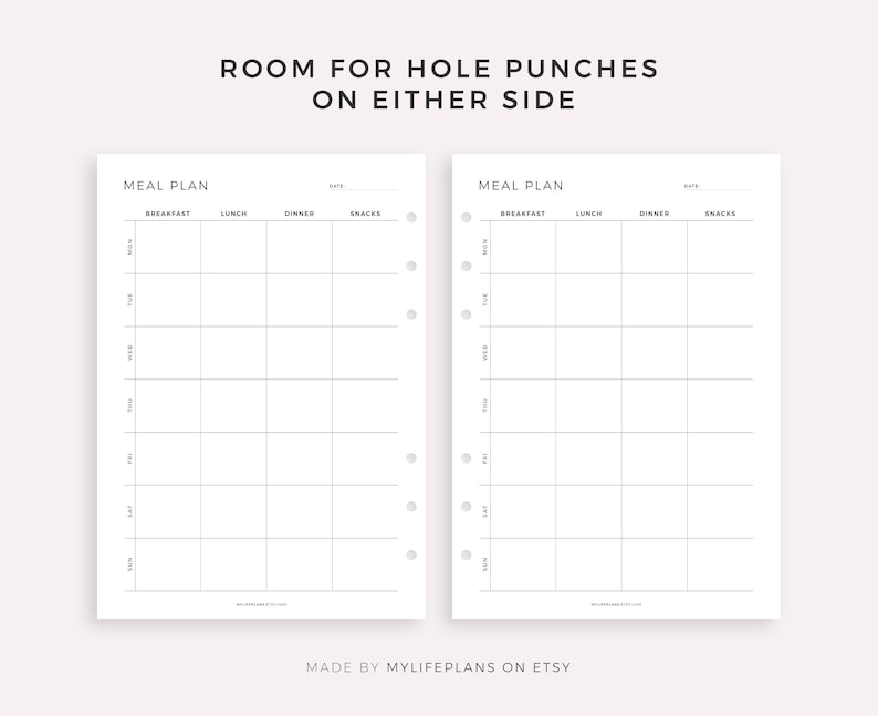 May include: Two blank meal planner pages with a grid layout for breakfast, lunch, dinner, and snacks. The pages are designed for a disc bound planner and have holes punched on either side.