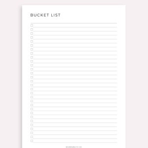 May include: A printable bucket list with a blank checklist and lines for writing. The text "BUCKET LIST" is at the top of the page. The text "MYLIFEPALNS.ETSY.COM" is at the bottom of the page. The text "MADE BY MYLIFEPALNS ON ETSY" is at the bottom of the page.