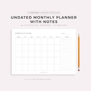 Planejador mensal sem data com notas, organizador mensal, resumo do mês, início na segunda e no domingo, A4/Carta, imprimível/preenchível, paisagem