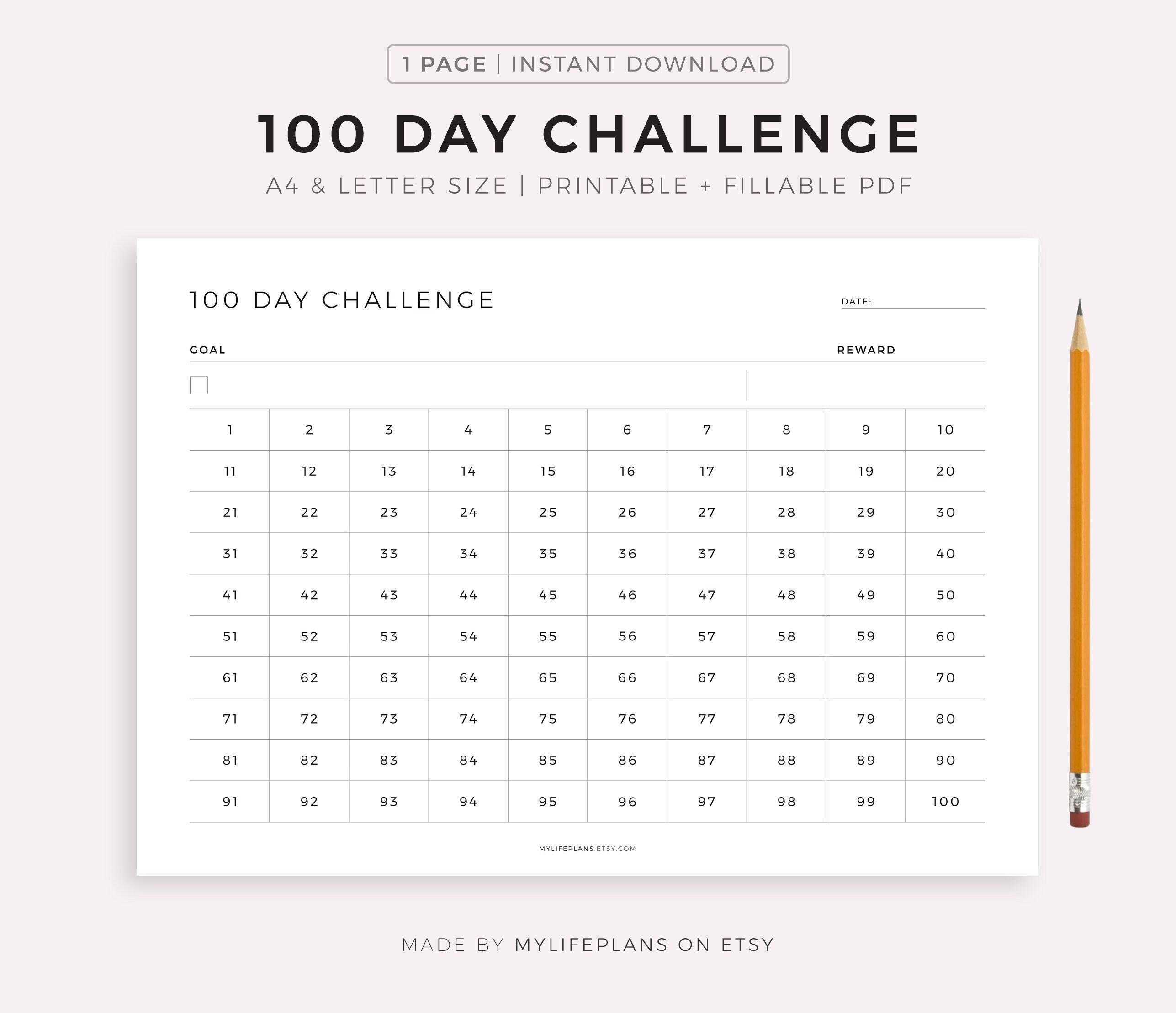 100 Day Challenge Printable Landscape Goal Setting Progress - Etsy Canada