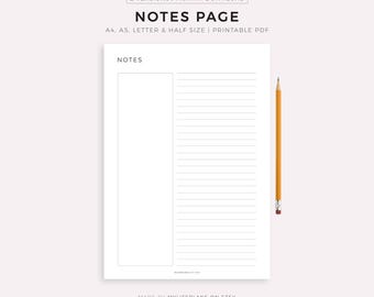 Página de notas imprimible, plantilla de notas, toma de notas, papel de escribir, inserto de planificador de notas, tamaño A4/A5/carta/medio, descarga instantánea en PDF