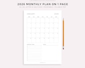 2026 Monthly Planner on One Page, Monthly Organizer, Monthly Agenda, Month at a Glance, Printable & Fillable, A4/A5/Letter/Half