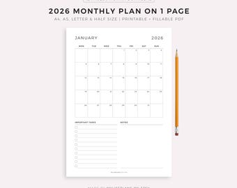 2026 Monthly Planner on One Page, Monthly Organizer, Monthly Agenda, Month at a Glance, Printable & Fillable, A4/A5/Letter/Half