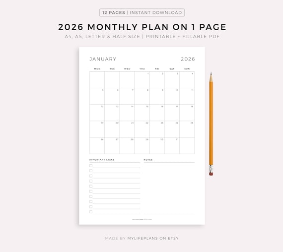 2026 Monthly Planner on One Page, Monthly Organizer, Monthly Agenda, Month at a Glance, Printable & Fillable, A4/A5/Letter/Half