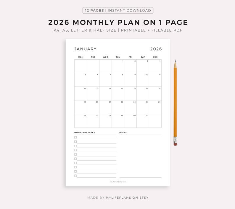 May include: A printable 2026 monthly planner on white paper. The calendar includes a January layout with space for important tasks and notes. A yellow pencil rests on the right side of the page. The text reads "2026 Monthly Plan on 1 Page".