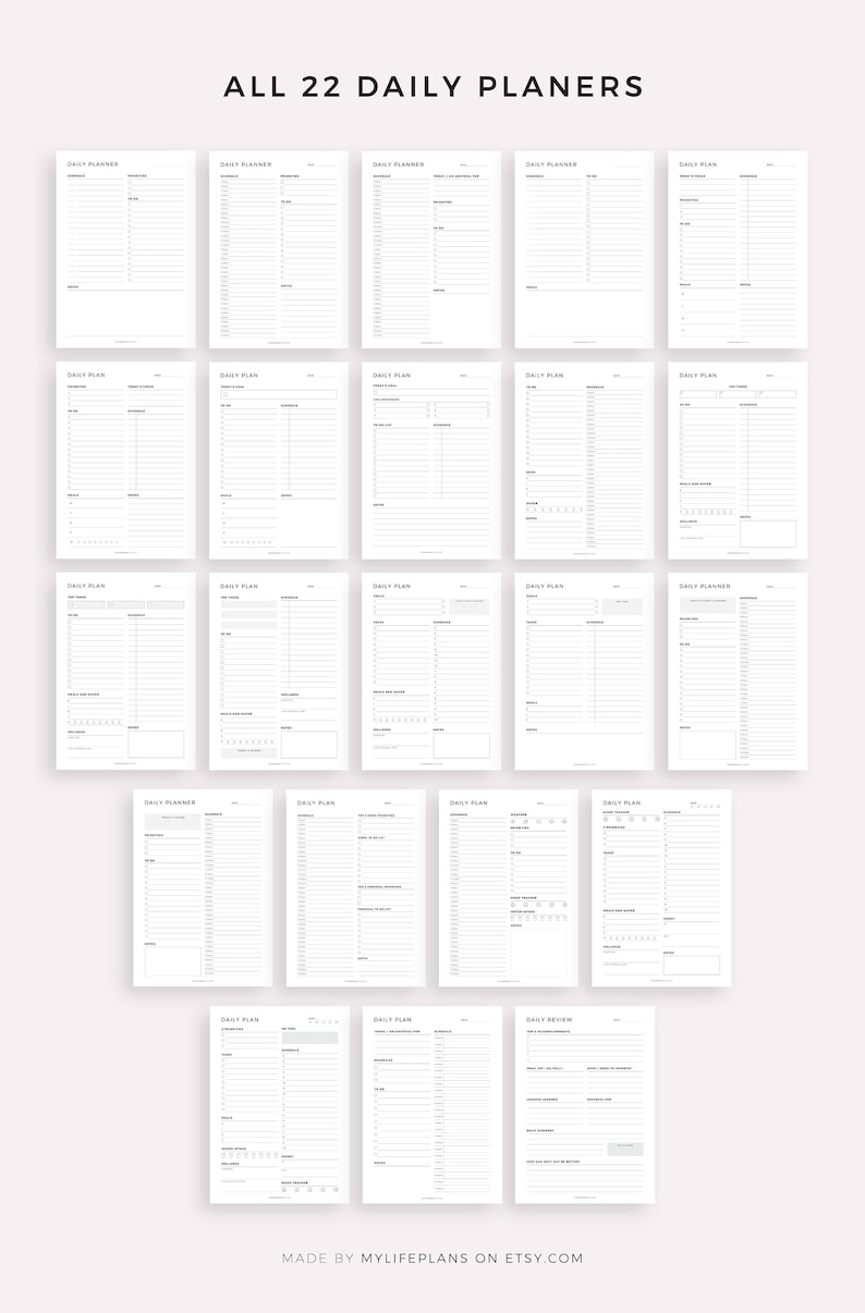 May include: A set of 22 printable daily planner pages. The pages are designed in a minimalist style with black text on a white background. The pages include sections for daily tasks, appointments, and notes.