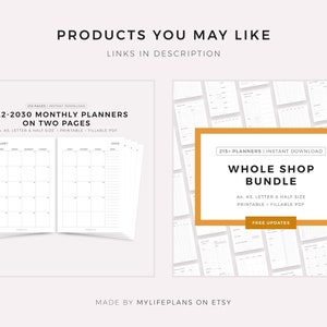 May include: Two images of printable planners. The first image shows a stack of monthly planners from 2022 to 2030. The second image shows a collage of planners with the text "215+ Planners | Instant Download" and "Whole Shop Bundle".