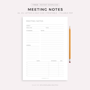 Plantilla imprimible de notas de reunión, actas de reunión, agenda de reunión, toma de notas empresariales, tamaño A4/A5/carta/media página, descarga instantánea en PDF.