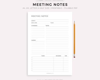 Meeting Notes Template Printable, Meeting Minutes, Meeting Agenda, Business Note Taking, A4/A5/Letter/Half, Instant Download PDF
