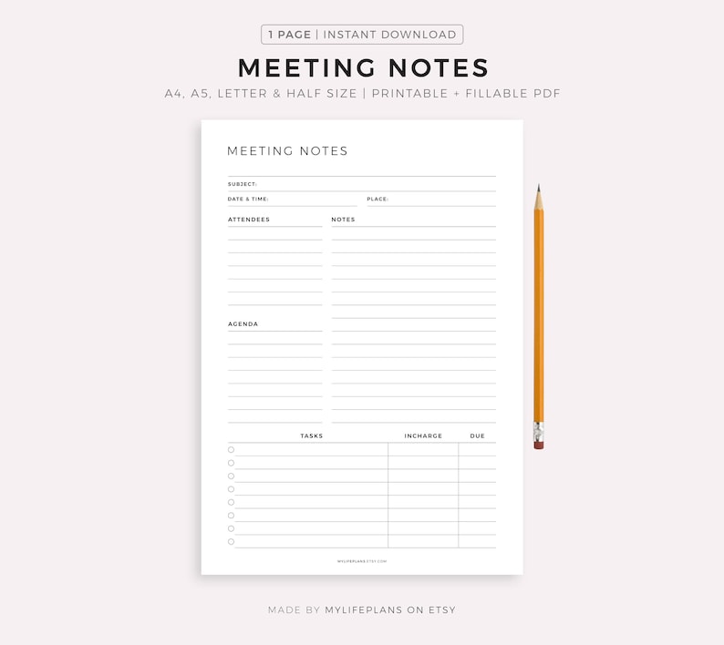 Meeting Notes Template Printable, Meeting Minutes, Meeting Agenda, Business Note Taking, A4/A5/Letter/Half, Instant Download PDF image 1