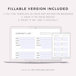 May include: A digital contact list template displayed on a laptop and tablet. The template is designed to be filled out in a PDF editor or browser. The template includes fields for name, phone number, email address, and address.
