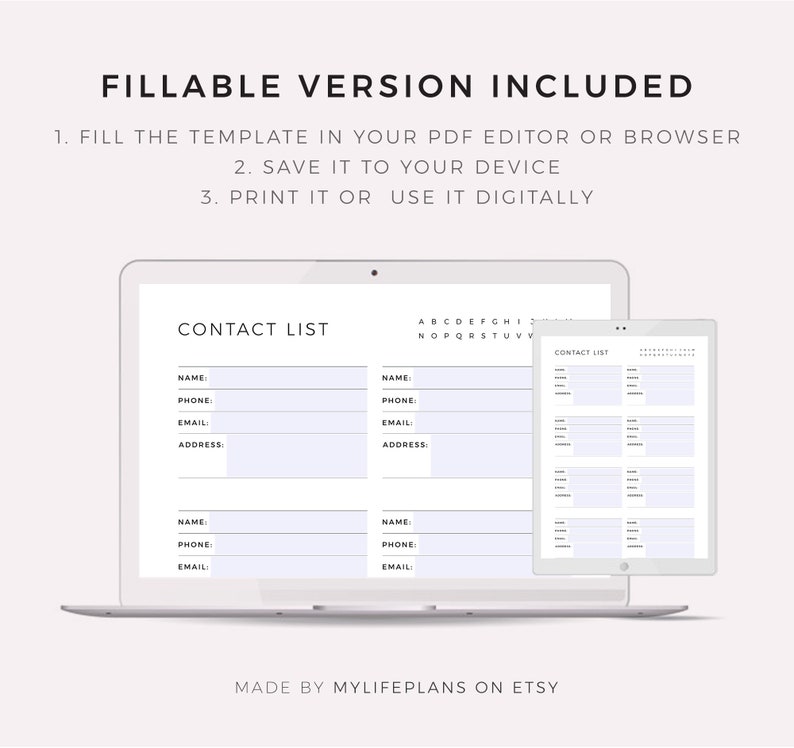 May include: A digital contact list template displayed on a laptop and tablet. The template is designed to be filled out in a PDF editor or browser. The template includes fields for name, phone number, email address, and address.