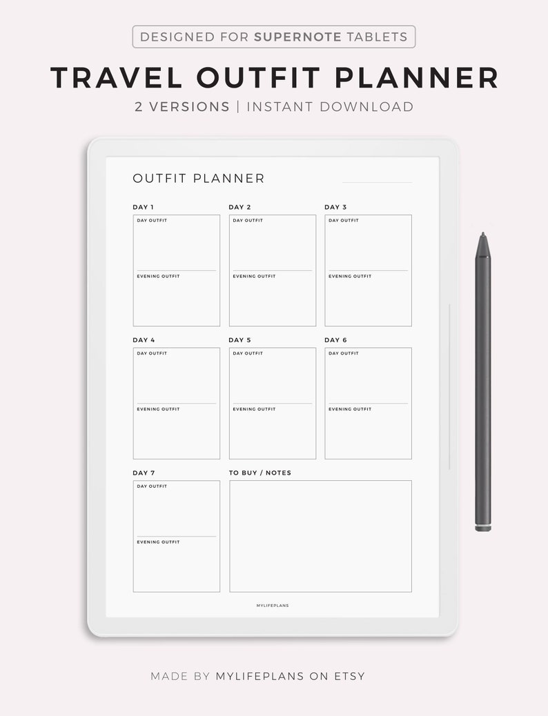 May include: A printable travel outfit planner for Supernote tablets. The planner includes sections for day and evening outfits for seven days, as well as a section for to buy/notes.