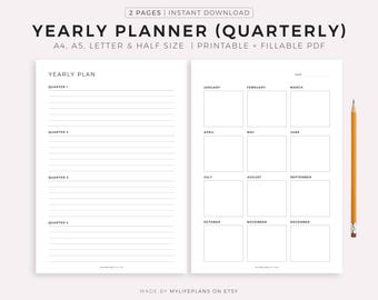 Quarterly Yearly Planner, Printable & Fillable PDF, A4/A5/Letter/Half, Instant Download