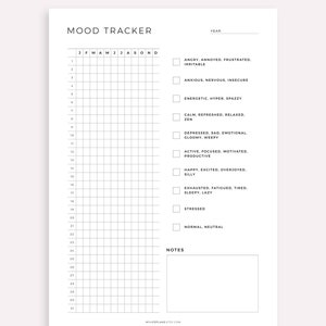 May include: A black and white printable mood tracker with a grid for each day of the year. The tracker includes a list of mood descriptors, such as "angry", "anxious", "energetic", "calm", "depressed", "active", "happy", "exhausted", "stressed", and "normal".