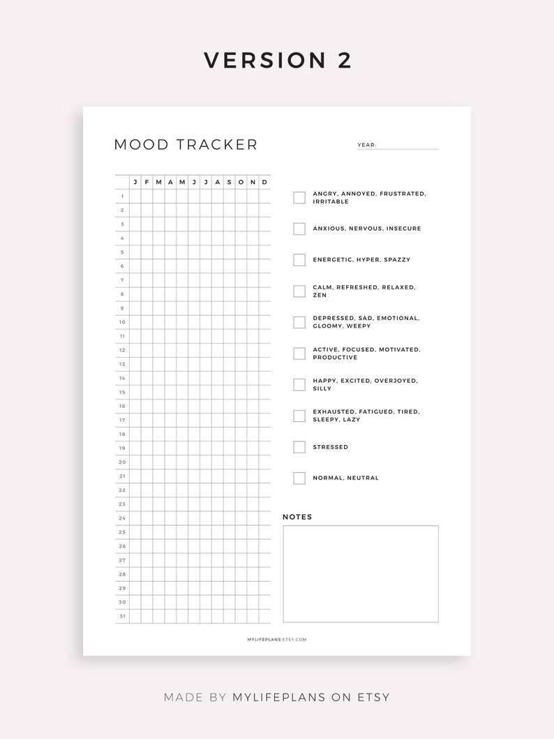 May include: A black and white printable mood tracker with a grid for each day of the year. The tracker includes a list of mood descriptors, such as "angry", "anxious", "energetic", "calm", "depressed", "active", "happy", "exhausted", "stressed", and "normal".