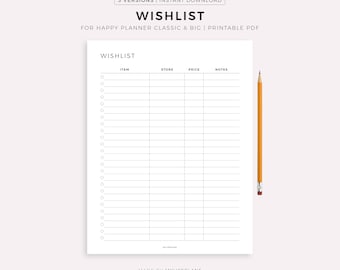 Simple Wishlist Page Printable for Happy Planner Classic & Big, Instant Download PDF