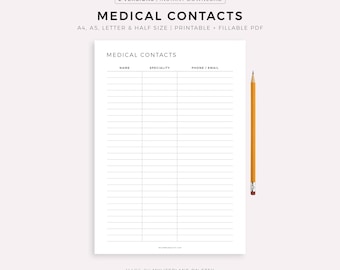 Medical Contacts List Printable, Healthcare Contacts, Doctor Contacts, Wellness Printable, Family Planner, A4/A5/Letter/Half