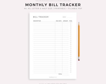 Monthly Bill Tracker Printable, Bill Payment Checklist, Bill Organizer, Finance Planner A4/A5/Letter/Half Size, Instant Download PDF