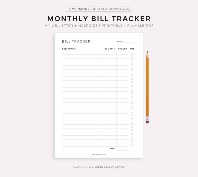 Monthly Bill Tracker Printable, Bill Payment Checklist, Bill Organizer, Finance Planner A4/A5/Letter/Half Size, Instant Download PDF image 1