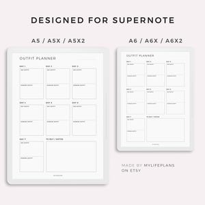 May include: Two digital planner templates for outfit planning, one for A5/A5X/A5X2 and one for A6/A6X/A6X2 sizes. Each template has a grid of boxes for seven days, with space for morning, day, and evening outfits, plus a section for "To Buy/Notes".