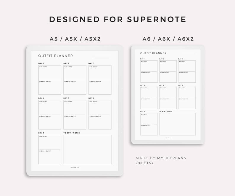 May include: Two digital planner templates for outfit planning, one for A5/A5X/A5X2 and one for A6/A6X/A6X2 sizes. Each template has a grid of boxes for seven days, with space for morning, day, and evening outfits, plus a section for "To Buy/Notes".