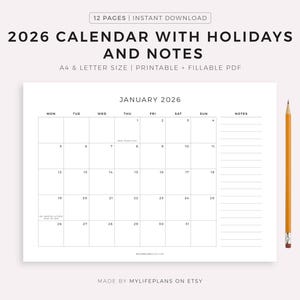 2026 Monthly Calendar with Holidays & Notes, Printable Calendar Template Fillable, Minimalist Calendar, Year Calendar, Landscape, A4/Letter