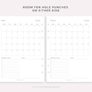 May include: A minimalist planner insert with calendars for May and June 2026. The white pages have black grid lines, with space for notes and tasks. Text at the top reads "ROOM FOR HOLE PUNCHES ON EITHER SIDE". The bottom text says "MADE BY MYLIFEPLANS ON ETSY".