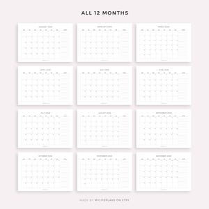 K&ouml;nnte beinhalten: Ein minimalistischer wei&szlig;er Kalender f&uuml;r das Jahr 2026, der alle 12 Monate in einem Raster anzeigt. Jeder Monat hat ein Kalenderraster und einen linierten Bereich f&uuml;r Notizen. Der Text "ALL 12 MONTHS" steht oben.