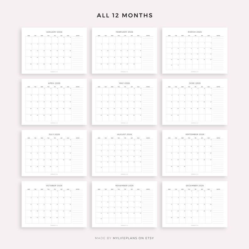 K&ouml;nnte beinhalten: Ein minimalistischer wei&szlig;er Kalender f&uuml;r das Jahr 2026, der alle 12 Monate in einem Raster anzeigt. Jeder Monat hat ein Kalenderraster und einen linierten Bereich f&uuml;r Notizen. Der Text "ALL 12 MONTHS" steht oben.