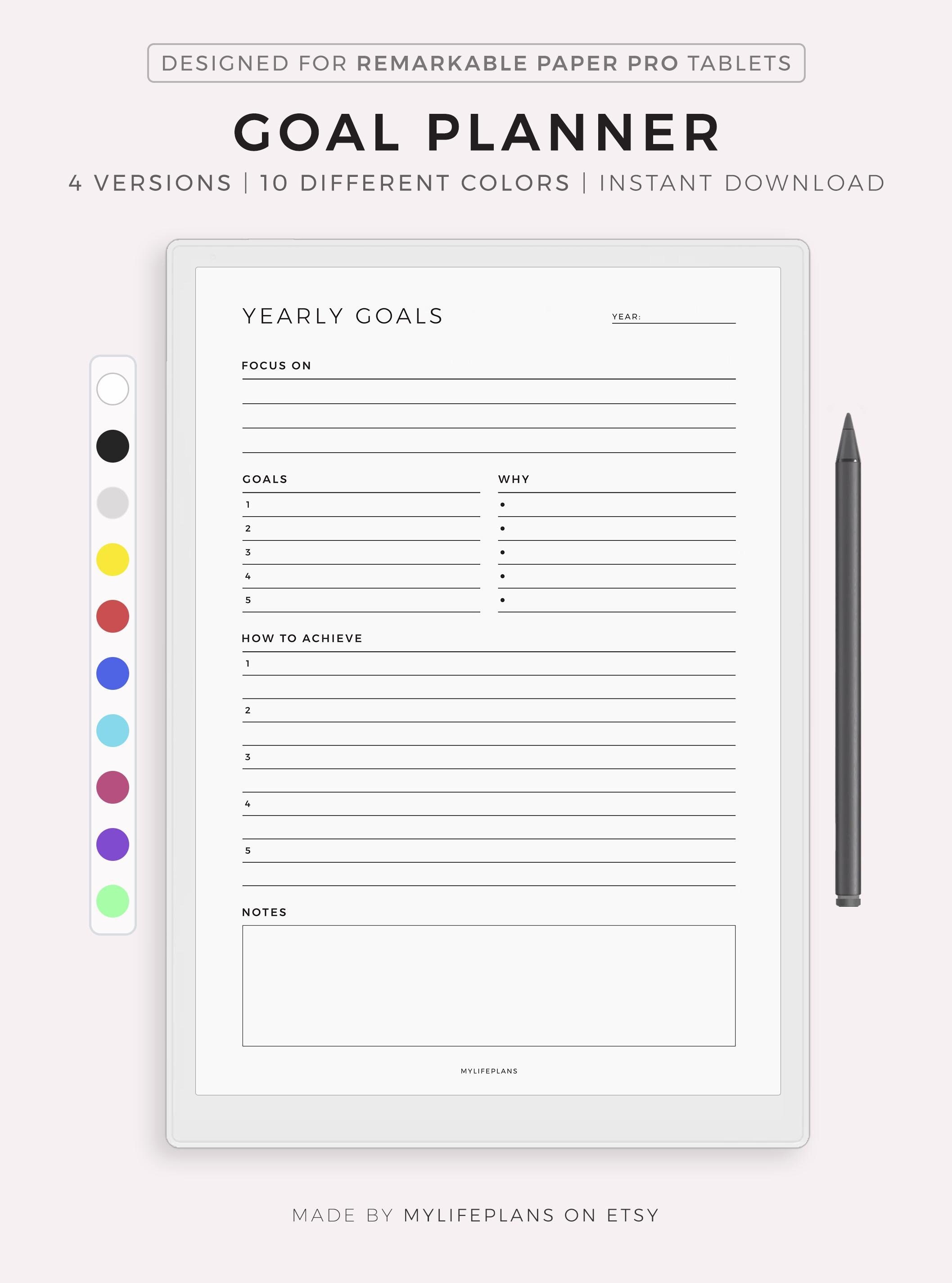 Goal Planner - Weekly Goals, Monthly Goals, Quarterly Goals, Yearly Goals, Compatible with Remarkable Paper Pro, Instant Download