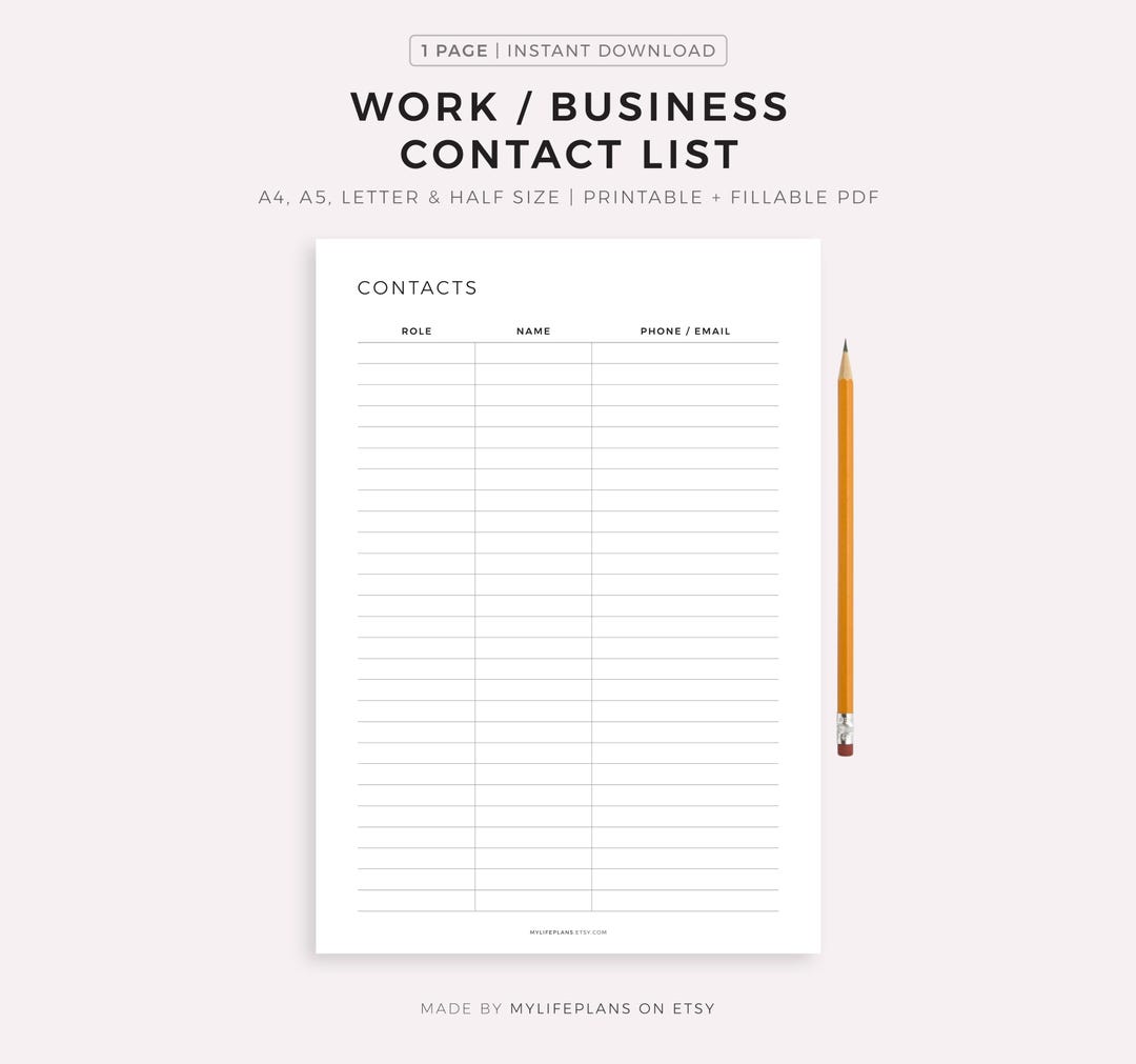 Work / Business Contact List Printable Template, A4/a5/letter/half Size ...