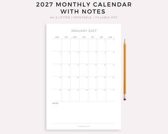 2027 Monthly Calendar with Notes, Printable Calendar Template, Minimalist Calendar, Year Calendar, Vertical, A4/Letter, Instant Download