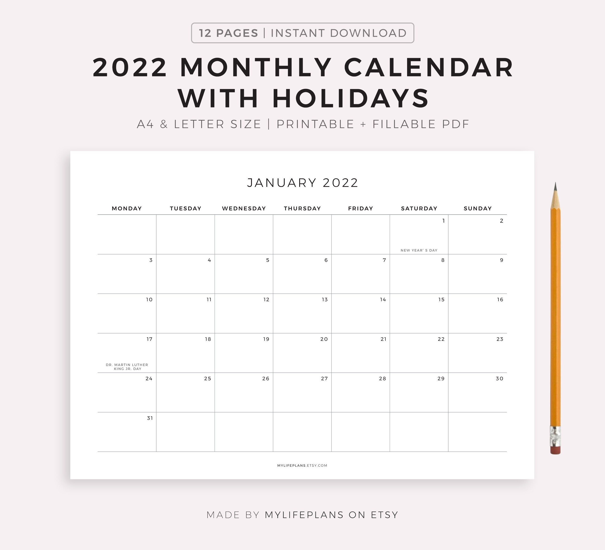 2022 monthly calendar with holidays printable calendar etsy new zealand