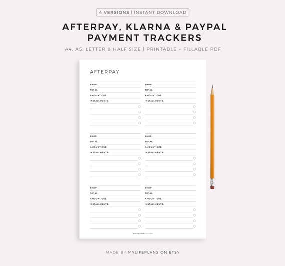 Afterpay, Klarna & Paypal Tracker Printable and Fillable PDF, Online Shopping Payment Due Template, Buy Now Pay Later Tracker, Budget Plan