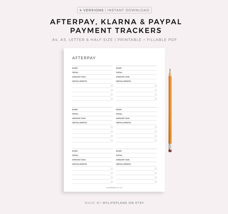 Tracker Afterpay, Klarna e Paypal in formato PDF stampabile e compilabile, modello di pagamento dovuto per acquisti online, tracker "Acquista ora e paga dopo", piano di budget immagine 1